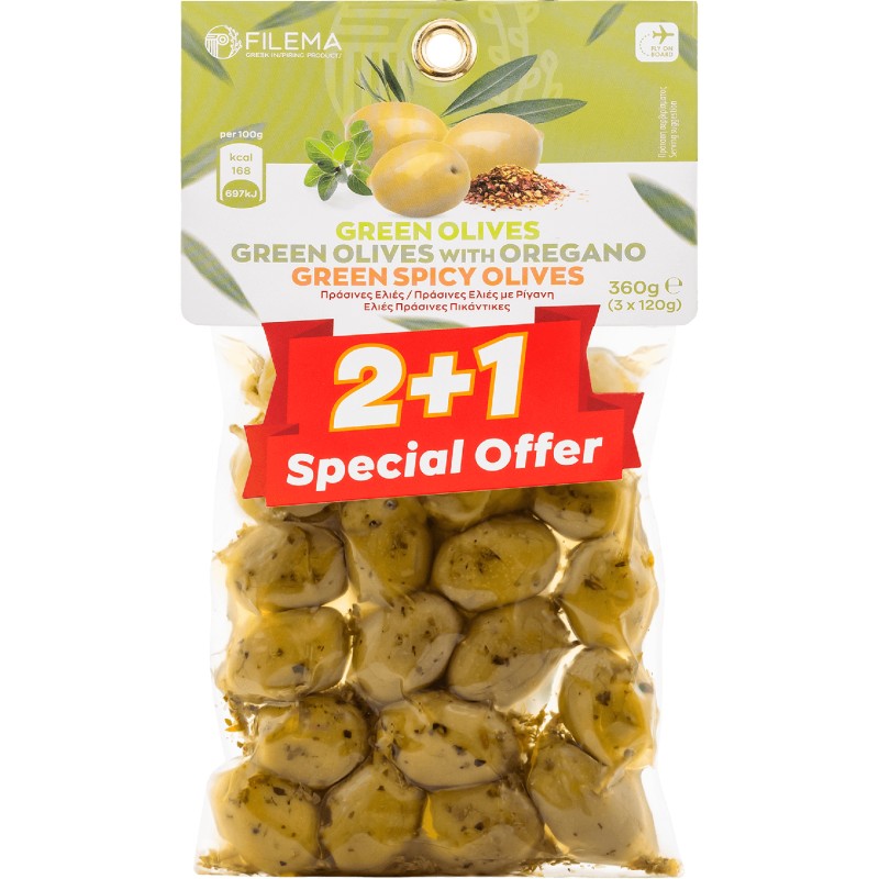 2+1 Green Olives, Spicy & Oregano 120gr
